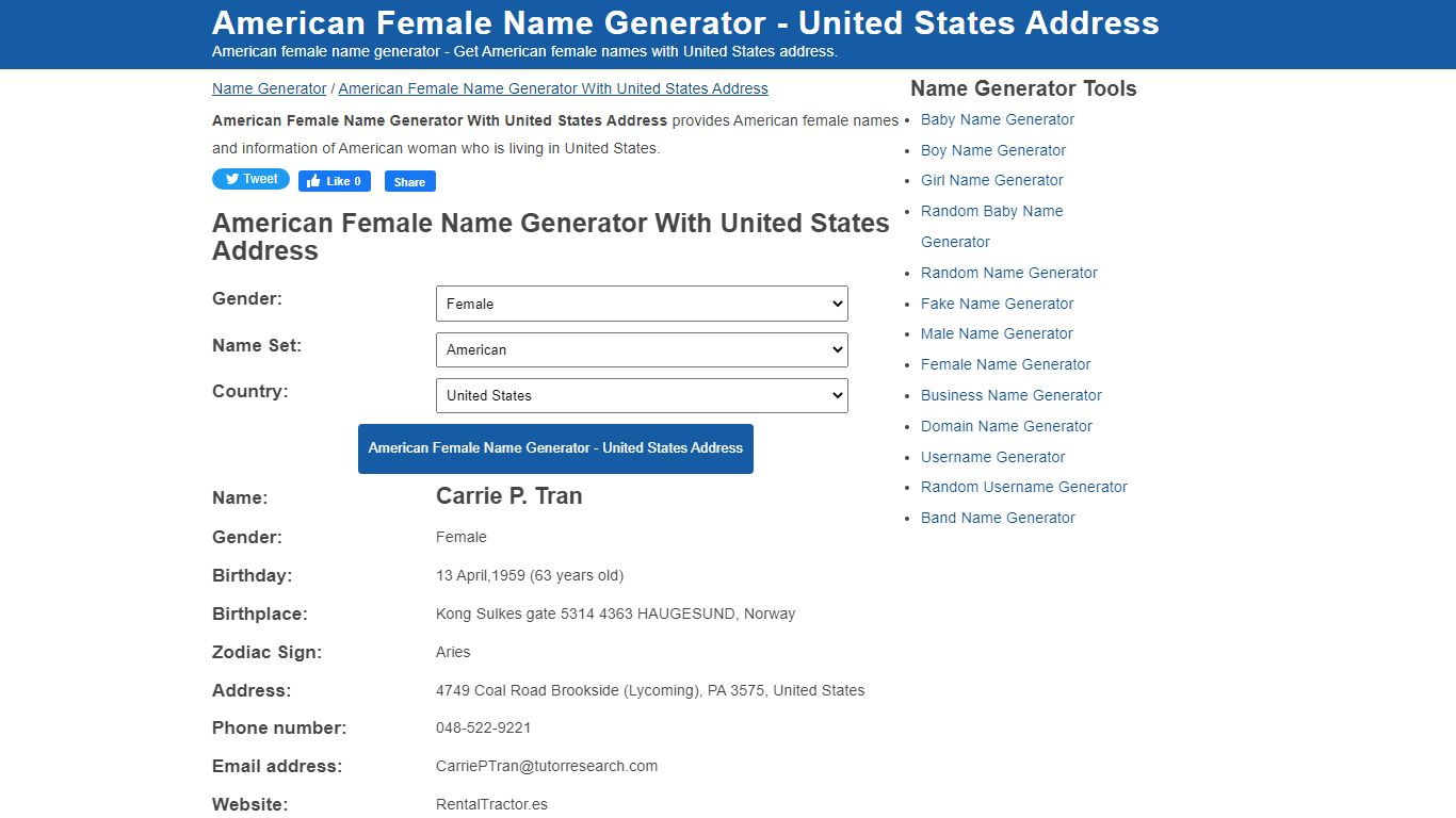 American Female Name Generator | United States Address
